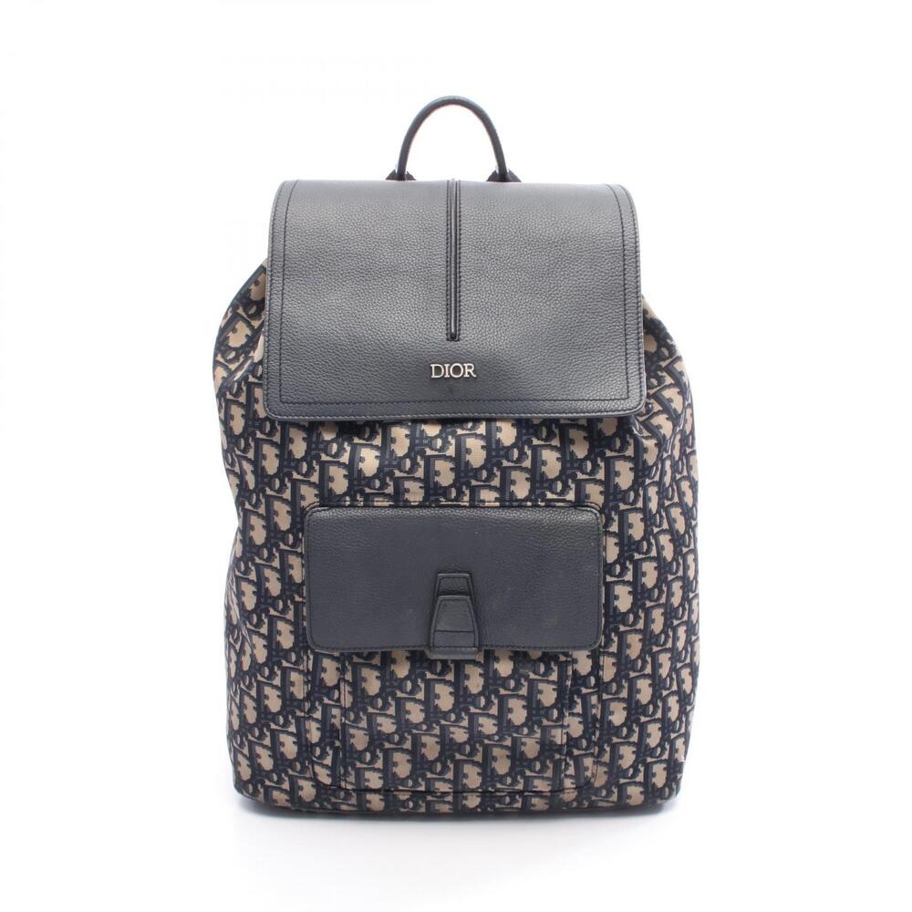 Christian Dior Oblique Backpack Leather Beige Cream Navy Blue